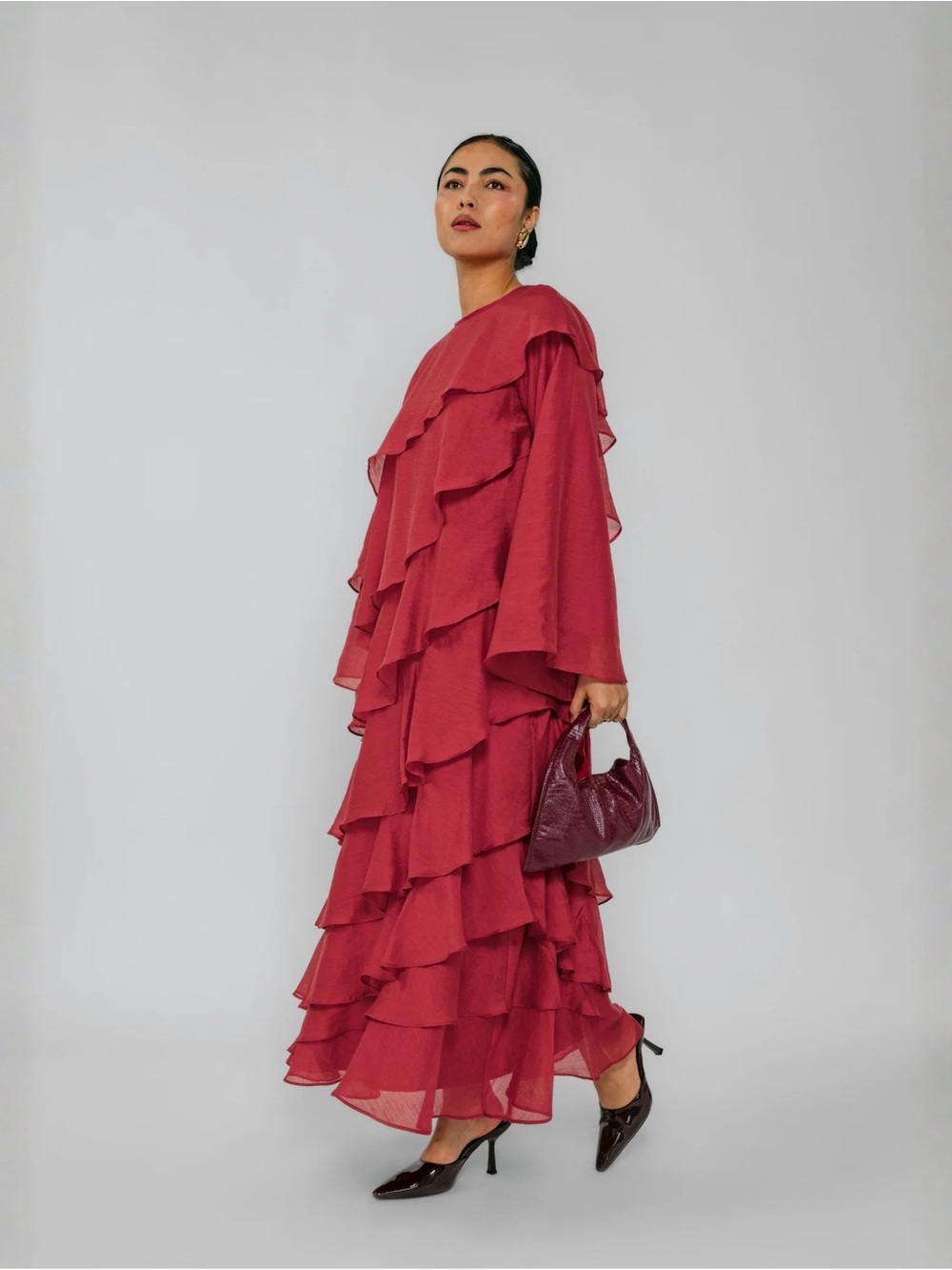 vela scarves Tiered Ruffle Dress in garnet